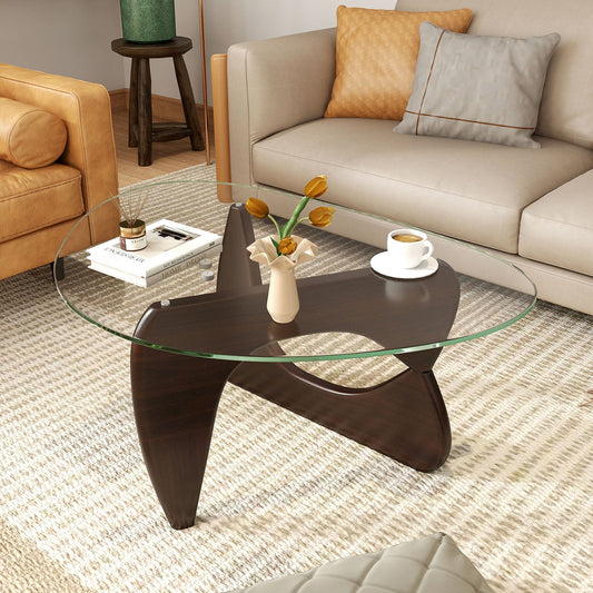 Triangle Coffee Table with Tempered Glass Top and Adjustable Rubber Wood Base-Walnut - Tampa Home & Garden Store