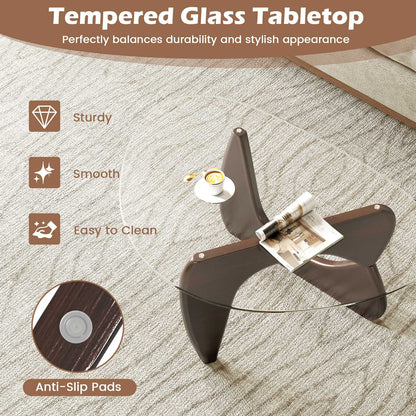 Triangle Coffee Table with Tempered Glass Top and Adjustable Rubber Wood Base-Walnut