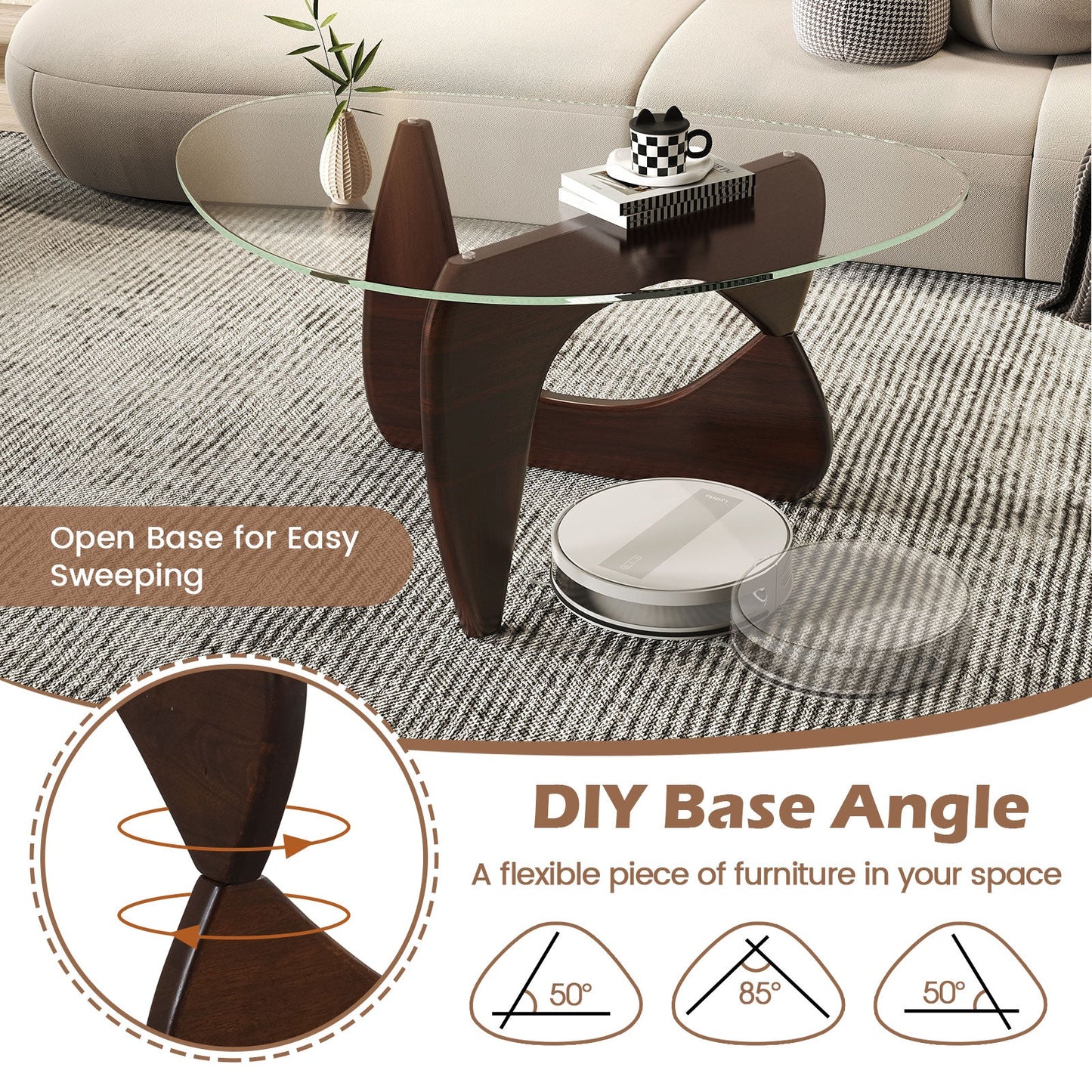 Triangle Coffee Table with Tempered Glass Top and Adjustable Rubber Wood Base-Walnut