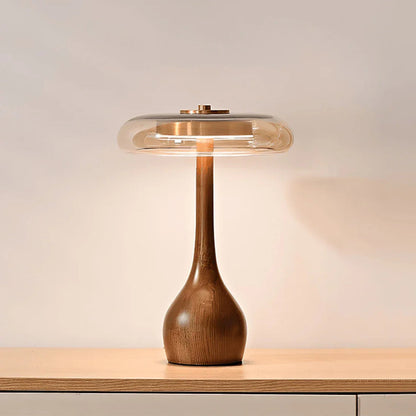 Mid Century Wood Glass Table Lamp LED Dimmable Walnut Disc Light