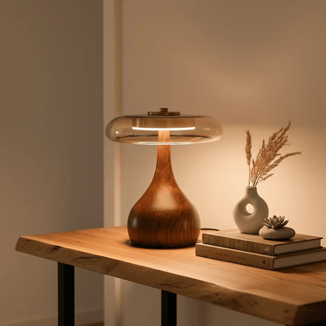 Mid Century Wood Glass Table Lamp LED Dimmable Walnut Disc Light