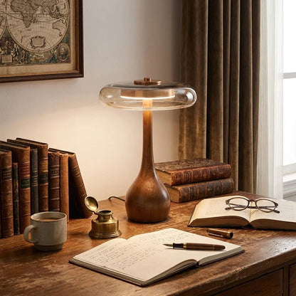 Mid Century Wood Glass Table Lamp LED Dimmable Walnut Disc Light