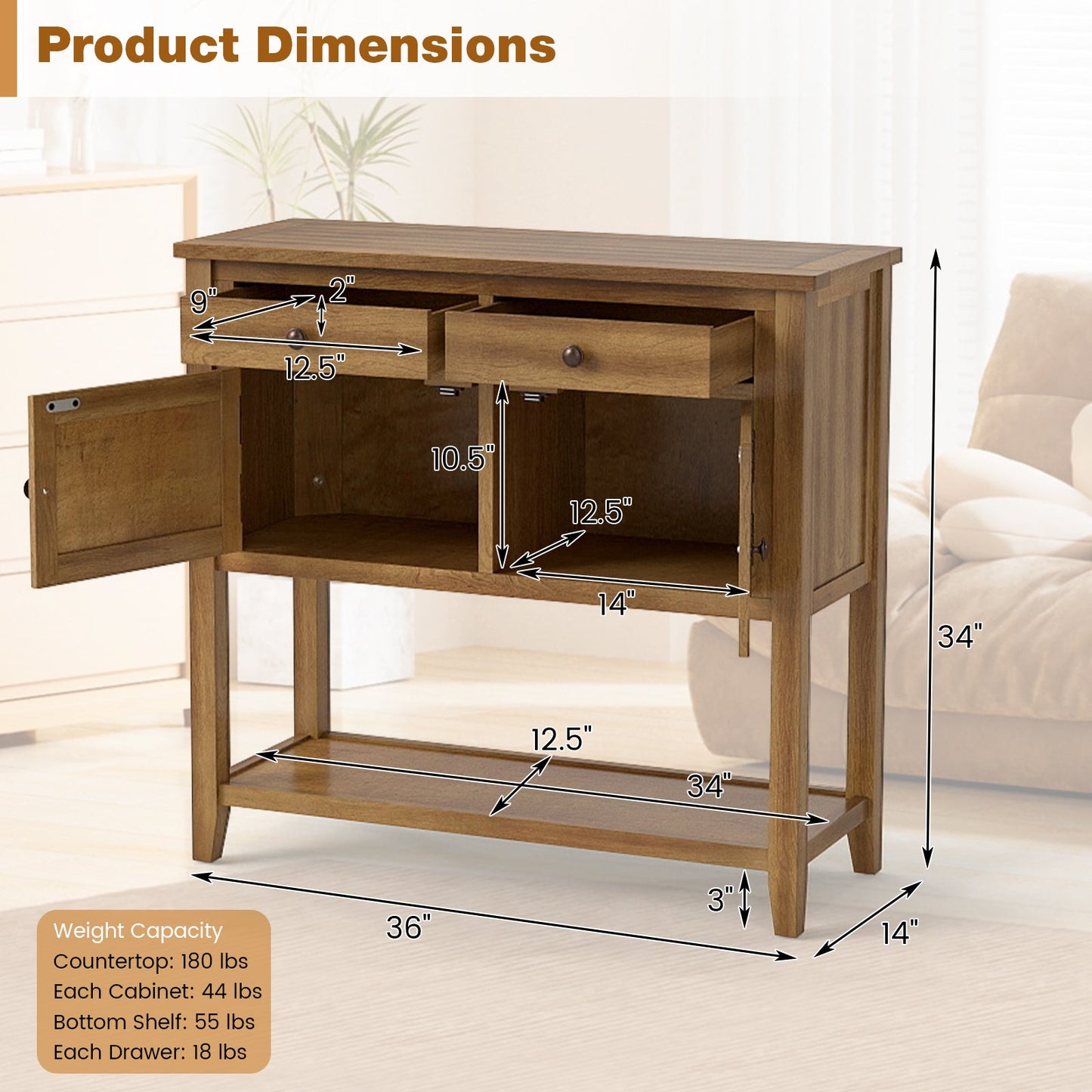 Mid-Century Console Table Wood Coffee Bar Buffet Sideboard with 2 Drawers-Walnut