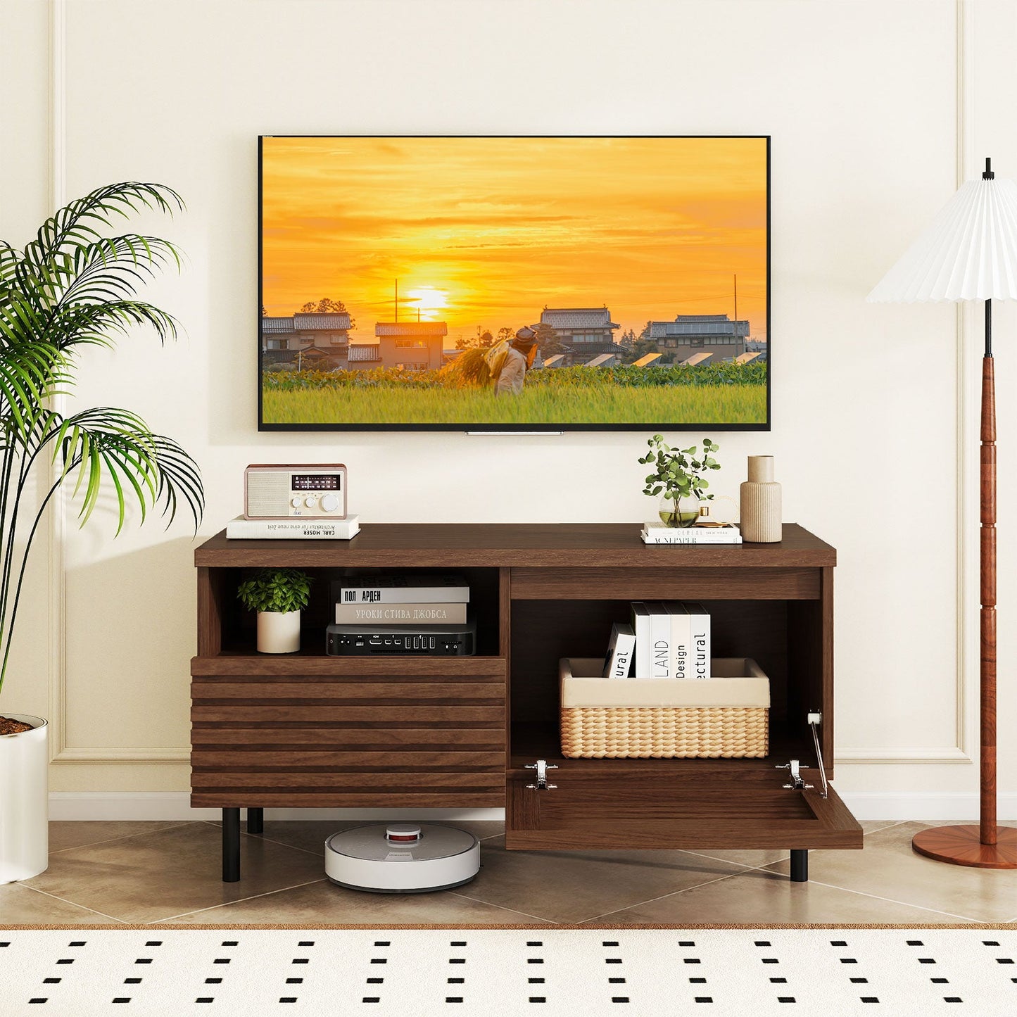 Mid Century Fluted TV Stand for 40 Inch TV Modern Entertainment Center with Open Compartment-Walnut