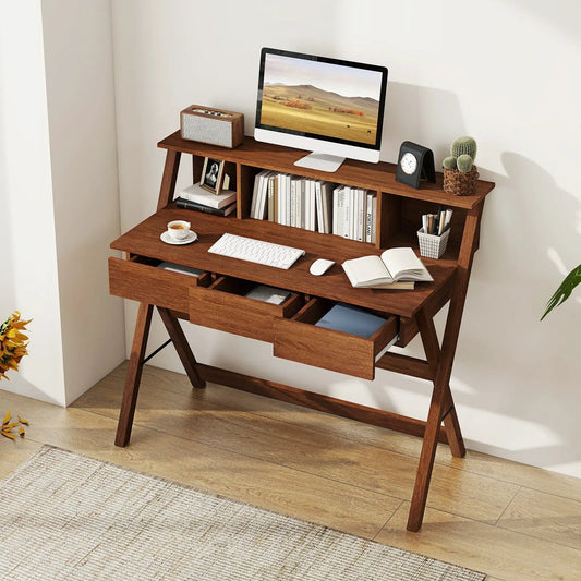 Oak mid-century desk with monitor stand and three storage drawers, open shelves with books on Tampa Home & Garden Store