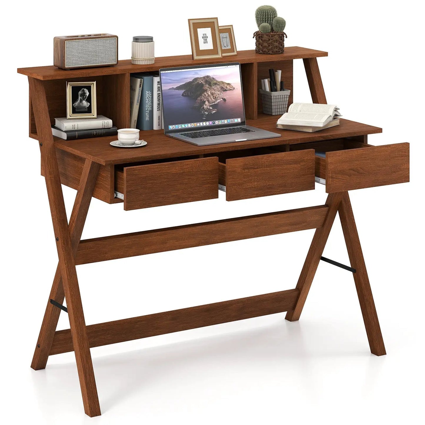 Mid Century Desk Three Drawers and Monitor Stand