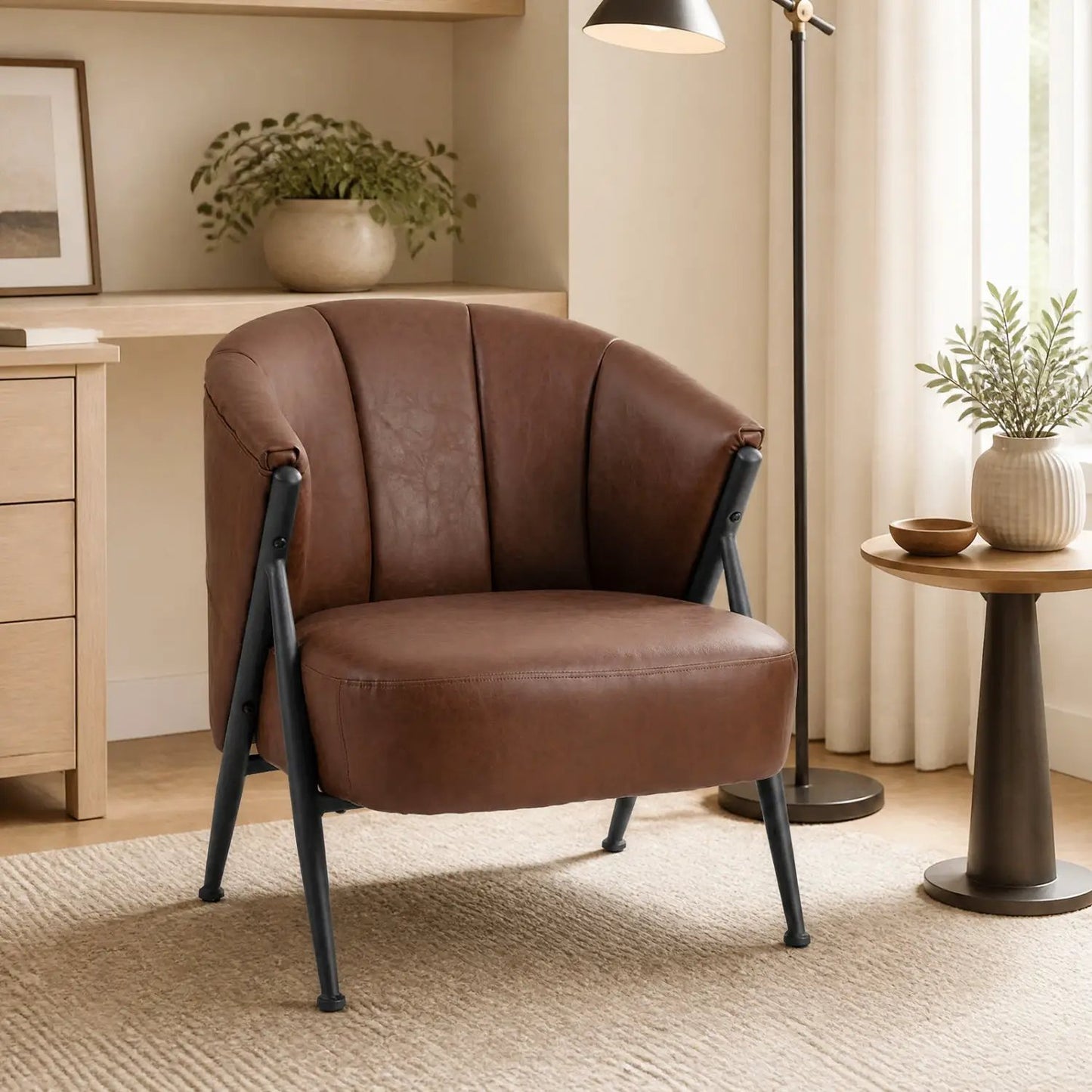 Mid Century Accent Chair With Curved Back Brown