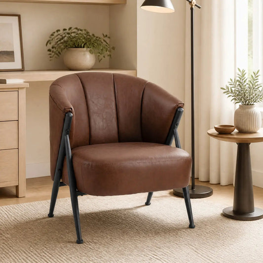 Mid Century Accent Chair brown leather with curved backrest, black metal legs DirectDeals on Tampa Home & Garden Store