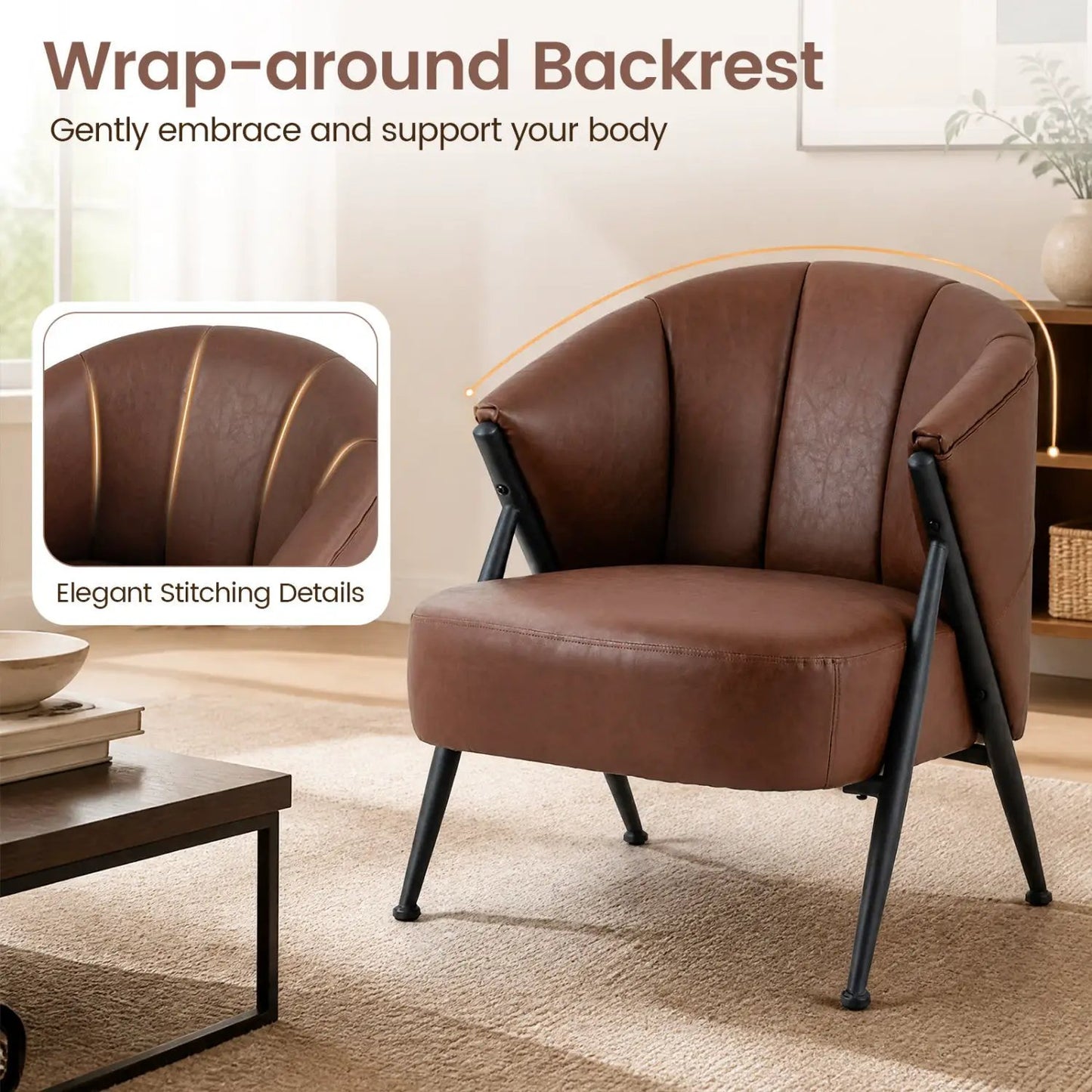 Mid Century Accent Chair With Curved Back Brown