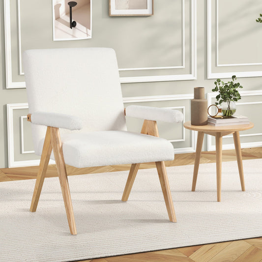 Sillón decorativo Mid Century Modern con estructura de madera de caucho y reposabrazos acolchados - Blanco