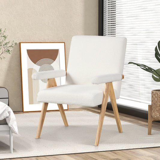 Sillón decorativo Mid Century Modern con estructura de madera de caucho y reposabrazos acolchados - Blanco
