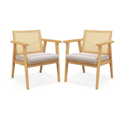 Juego de 2 sillas decorativas modernas de mediados de siglo con respaldo de ratán transpirable - Natural
