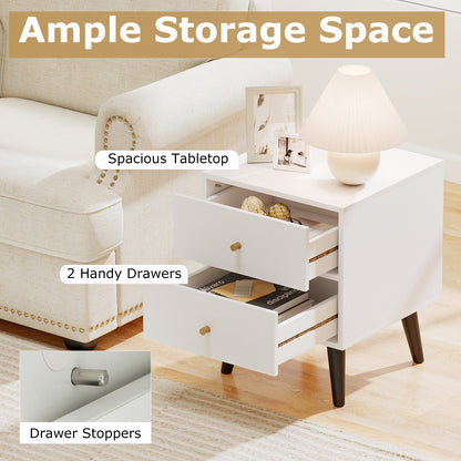 Mid Century Modern Bedside Table Nightstand with Golden Knobs and Raised Support Legs-White