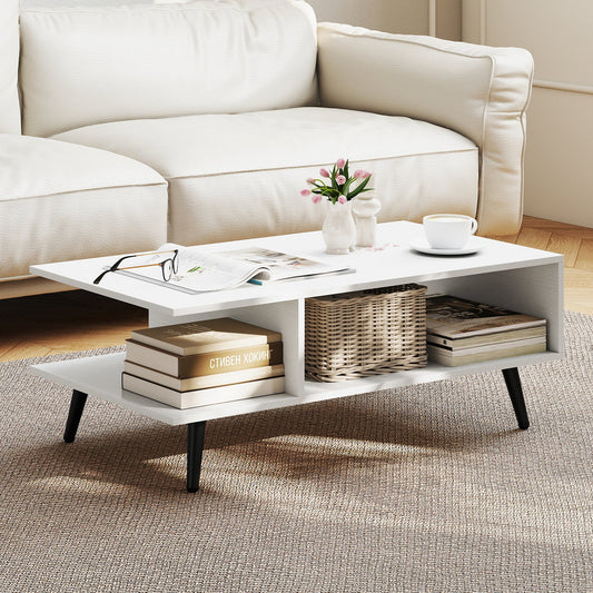 Mesa de centro rectangular moderna de mediados de siglo de 2 niveles con 2 compartimentos abiertos - Blanca
