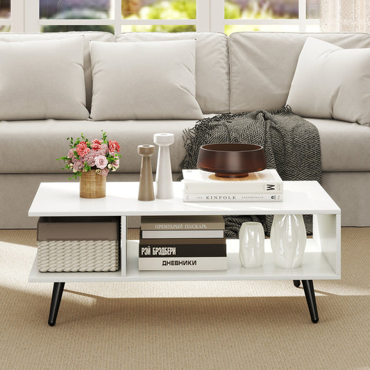 Mesa de centro rectangular moderna de mediados de siglo de 2 niveles con 2 compartimentos abiertos - Blanca