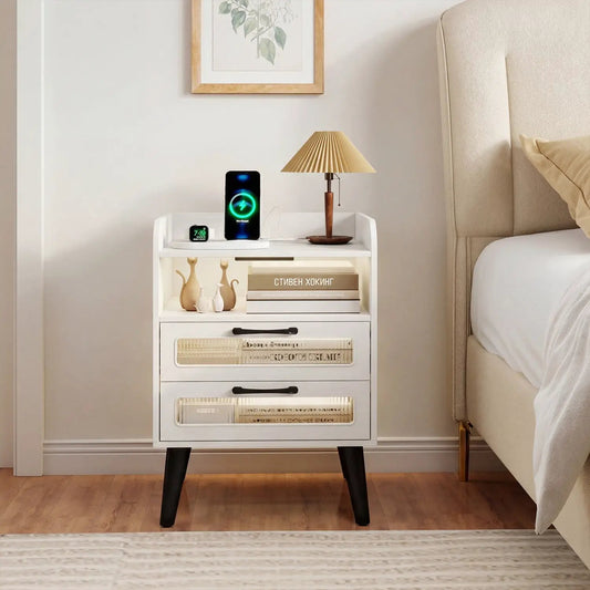 Nightstand DirectDeals white with charging station and LED lights; black angled legs on Tampa Home & Garden Store