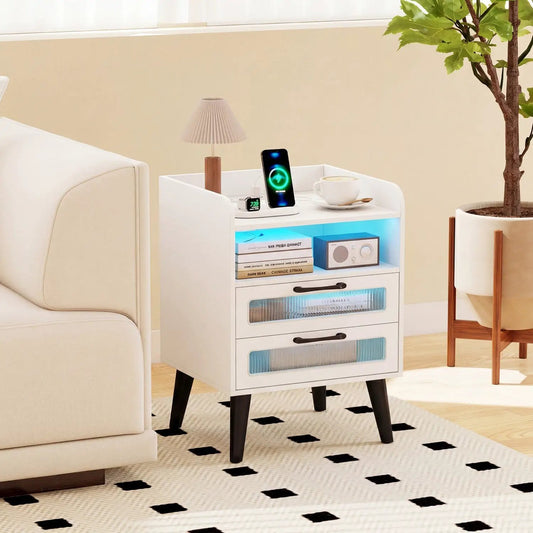 Nightstand with charging station and LED lights, white finish with blue LED, DirectDeals on Tampa Home & Garden Store