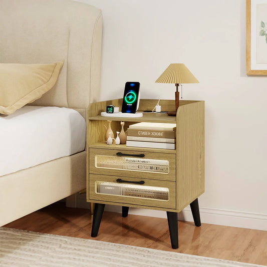 Nightstand DirectDeals oak bedside table with charging station, LED lighting, phone dock on Tampa Home & Garden Store