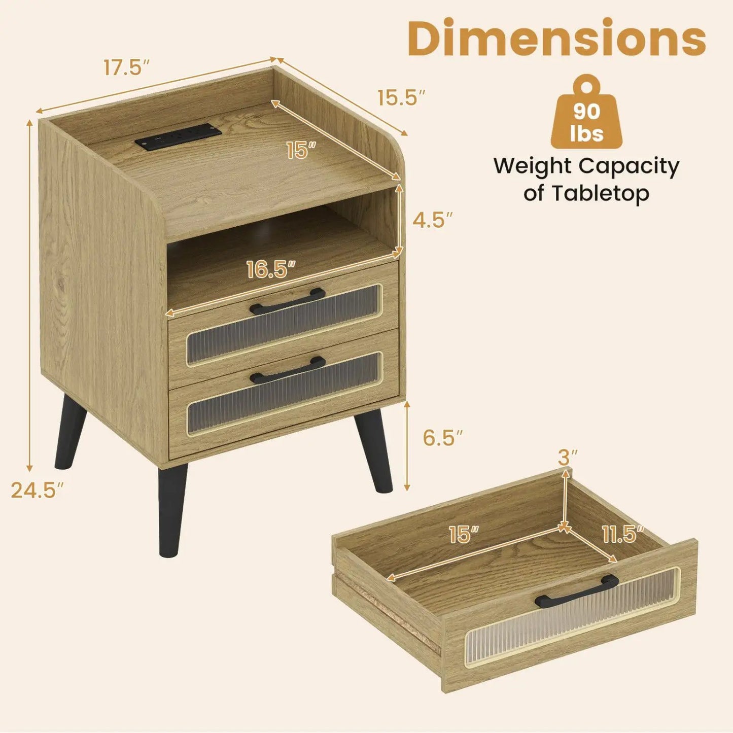 Nightstand with Charging Station and LED Lights