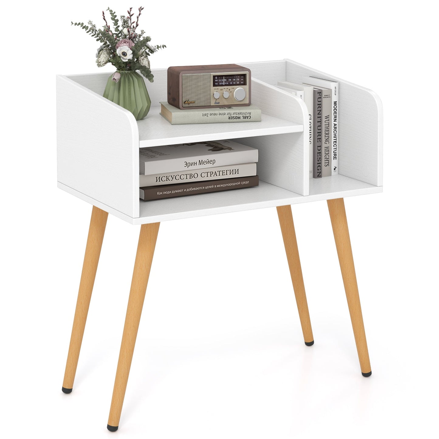 Mesita de Noche Mid Century Moderna con Estantes Abiertos - Marrón