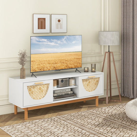 Mueble de TV de Estilo Moderno de Mediados de Siglo, Centro de Entretenimiento para TV de 55 Pulgadas con 2 Cajones y Frentes Tejidos de Bambú - Blanco