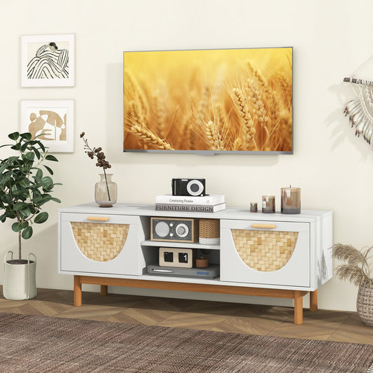 Mueble de TV de Estilo Moderno de Mediados de Siglo, Centro de Entretenimiento para TV de 55 Pulgadas con 2 Cajones y Frentes Tejidos de Bambú - Blanco