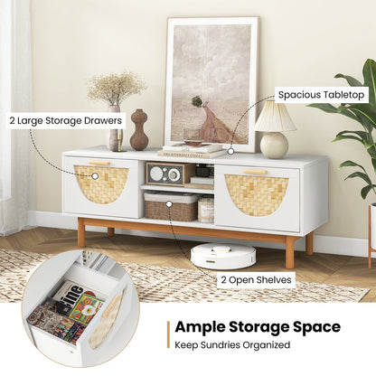 Mid Century Modern TV Stand Entertainment Center for 55-Inch TV with 2 Drawers and Bamboo Woven Fronts-White