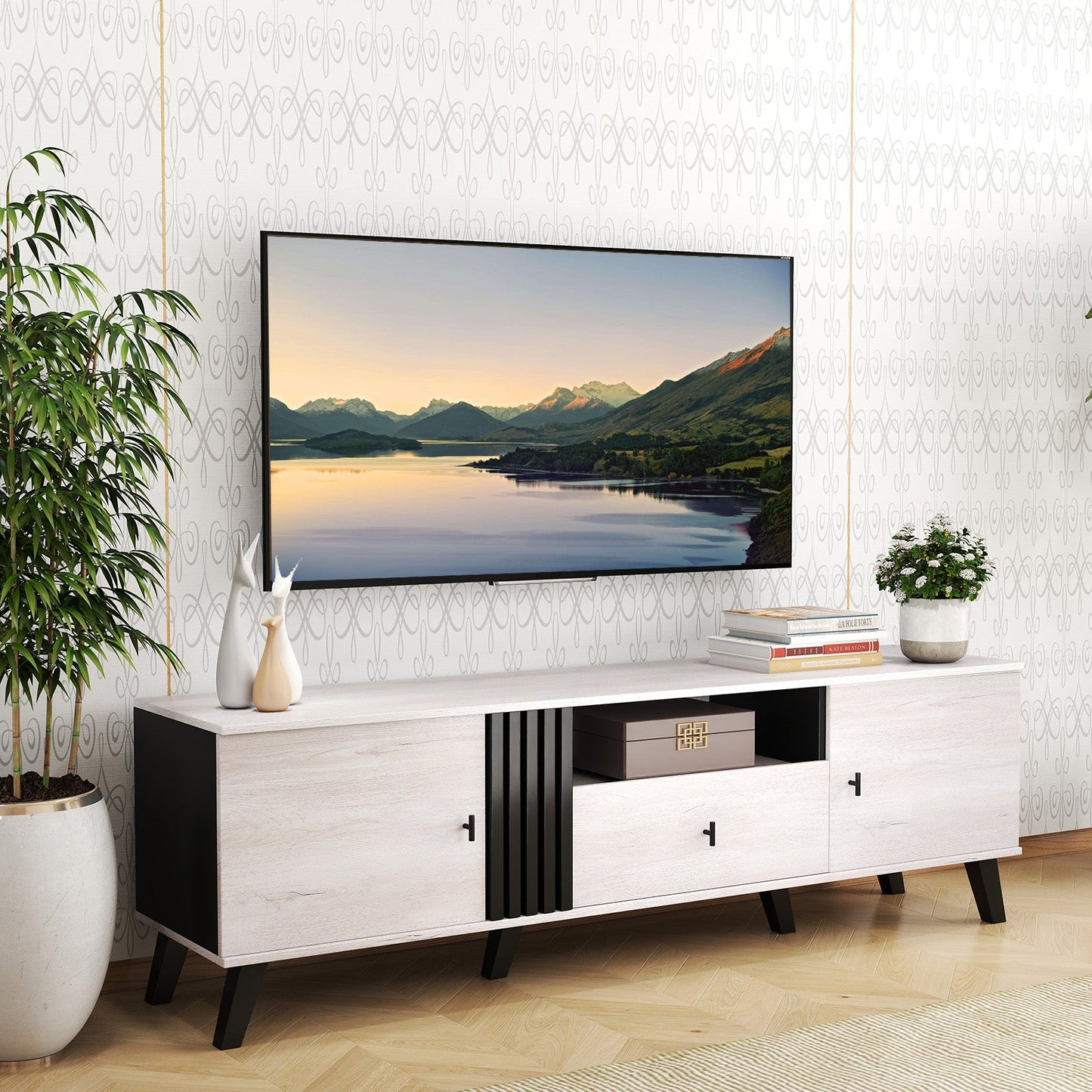 Mueble de TV de estilo moderno de mediados de siglo para televisores de 80 pulgadas - Roble