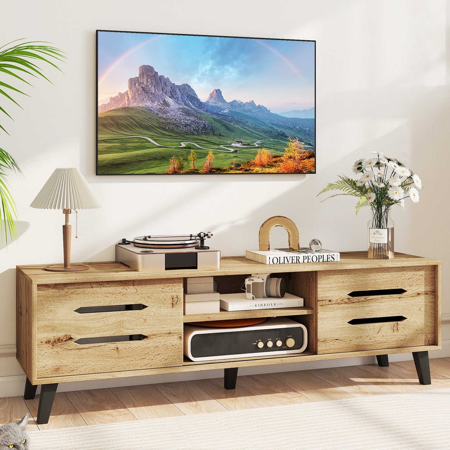 Mid Century Modern TV Stand with Sliding Doors and Cable Hole for 65 Inch TVs-Natural