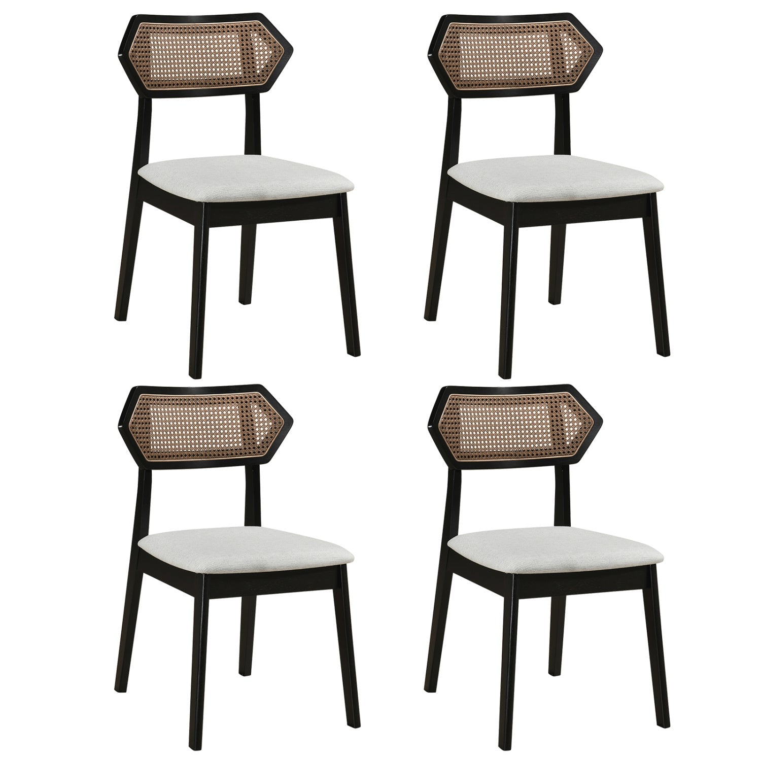 Rattan dining chairs set of 4 with curved backrests, black frames and light gray cushions on Tampa Home & Garden Store