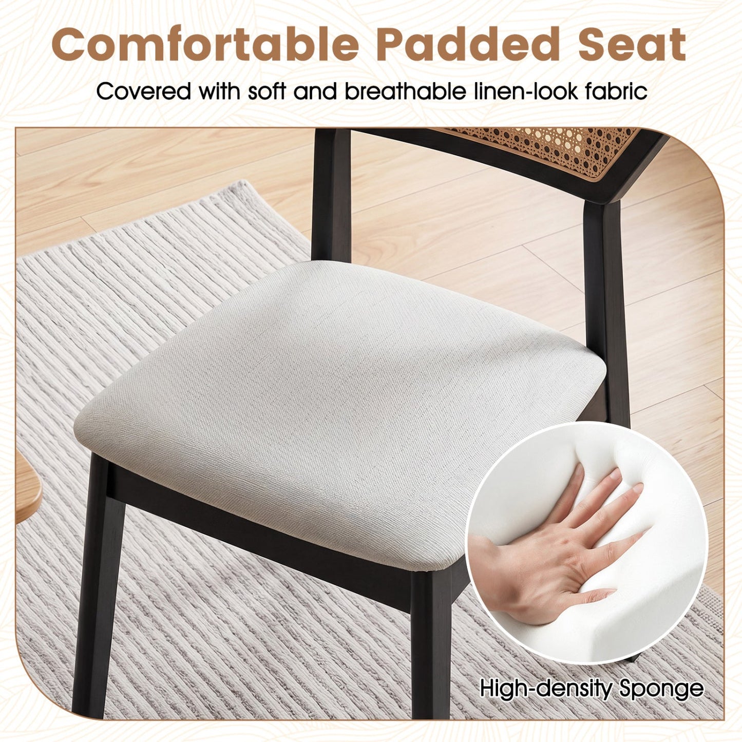 Rattan dining chairs set of 4 with curved back and beige linen-look padded seats, DirectDeals on Tampa Home & Garden Store