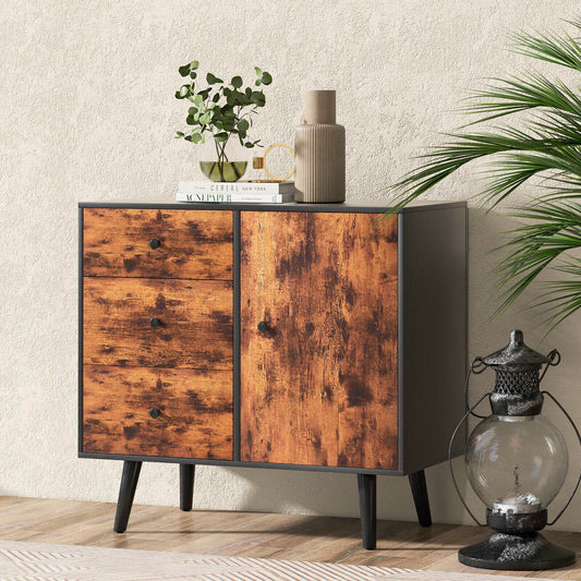 Gabinete de almacenamiento de madera de mediados de siglo con puerta y 3 cajones