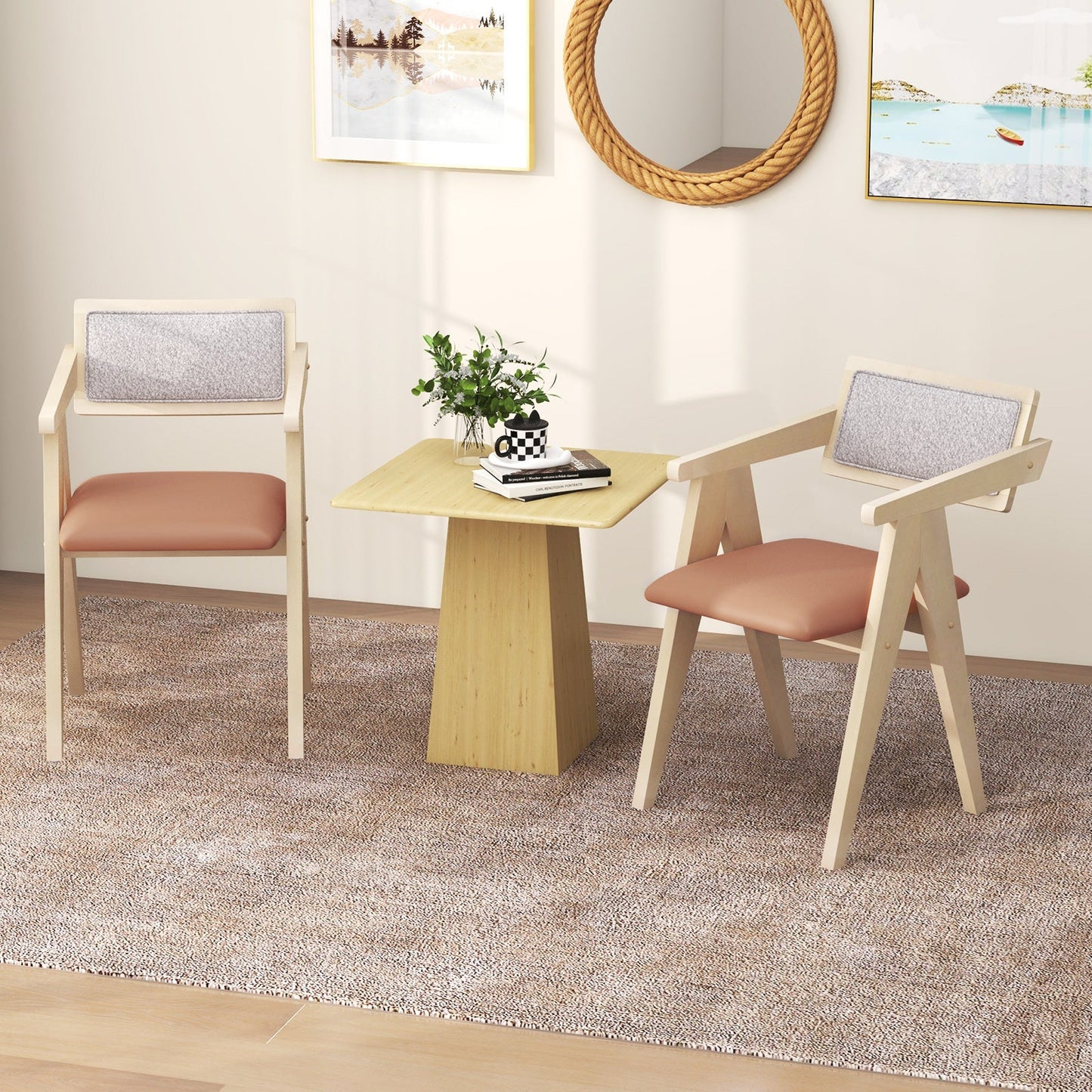 Sillones decorativos de madera de mediados de siglo con cojines de asiento de piel sintética, juego de 2 - Beige