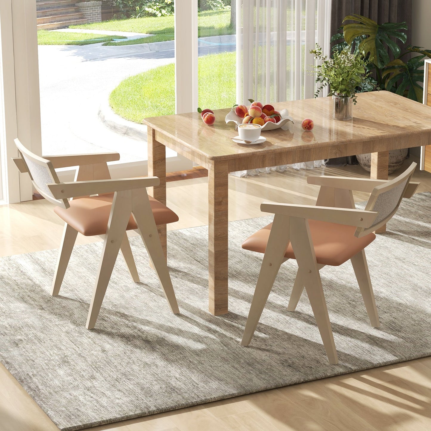 Sillones decorativos de madera de mediados de siglo con cojines de asiento de piel sintética, juego de 2 - Beige