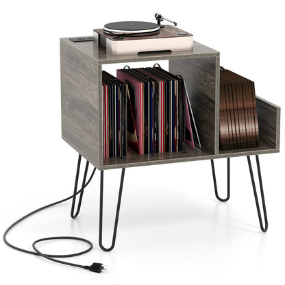 Mid-century Record Player Stand with Power Outlet and Vinyl Divider-Rustic Brown