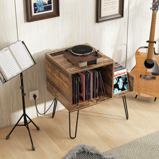 Mueble para tocadiscos de mediados de siglo con toma de corriente y divisor de vinilos - Marrón rústico