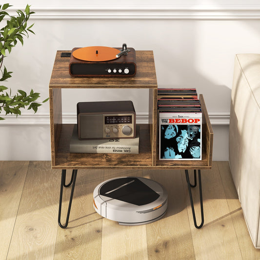 Mueble para tocadiscos de mediados de siglo con toma de corriente y divisor de vinilos - Marrón rústico