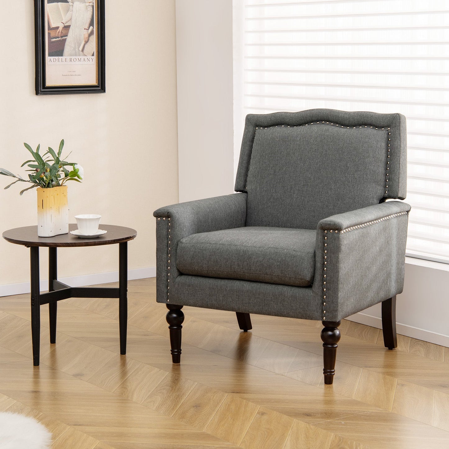 Sillón moderno de mediados de siglo tapizado en tela de lino con cojín - Gris