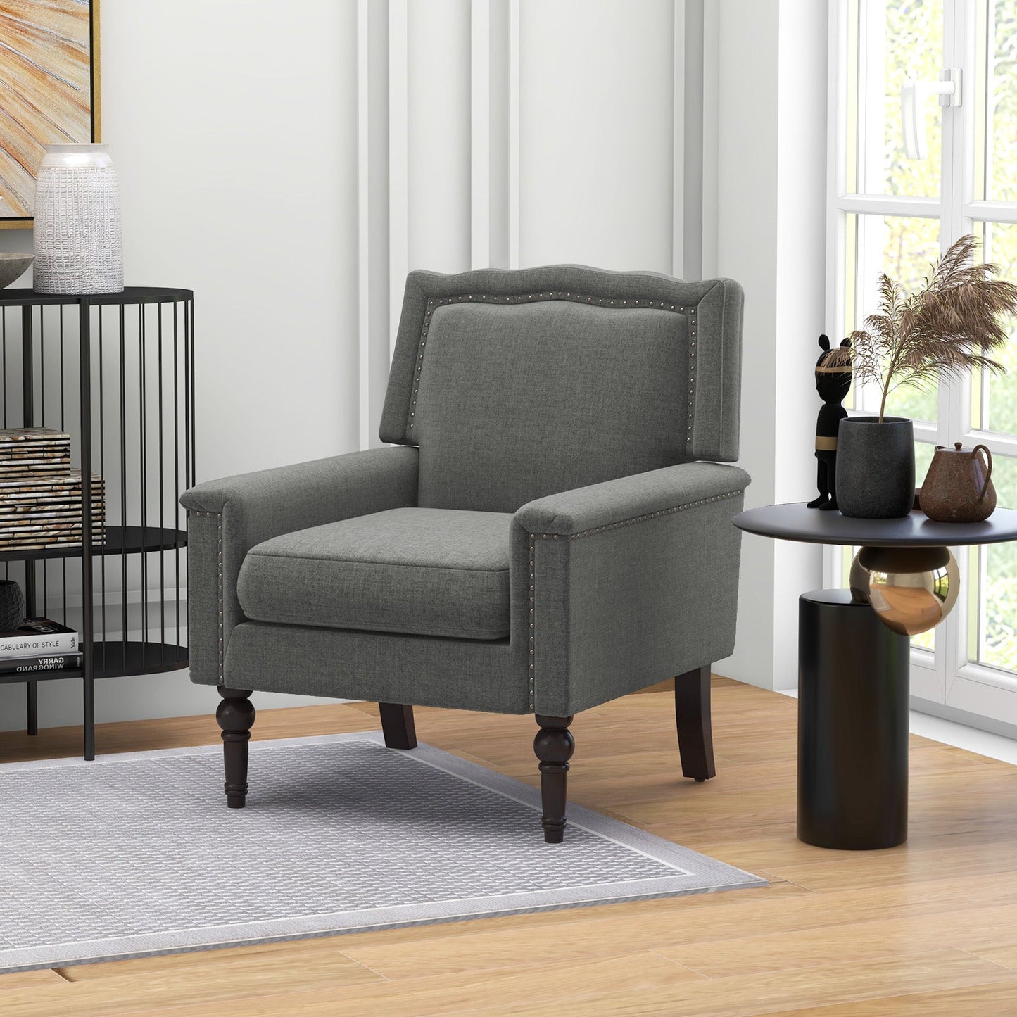 Sillón moderno de mediados de siglo tapizado en tela de lino con cojín - Gris