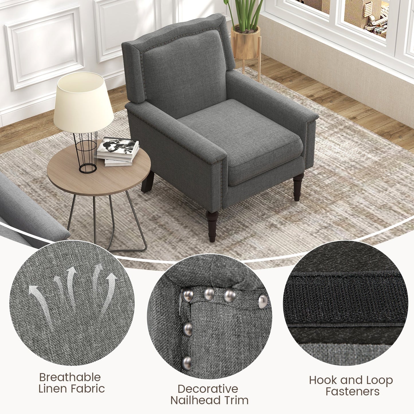 Sillón moderno de mediados de siglo tapizado en tela de lino con cojín - Gris