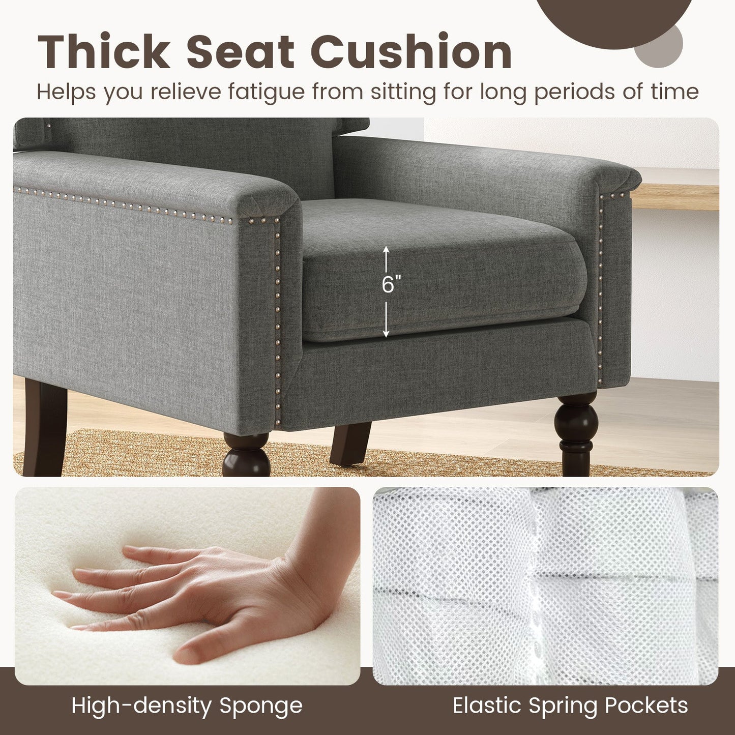 Sillón moderno de mediados de siglo tapizado en tela de lino con cojín - Gris