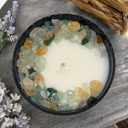 Midnight Tides Crystal Candle with Green Fluorite, Citrine, and Green Aventurine | Coconut-Soy Wax Candle, 9oz - Tampa Home & Garden Store