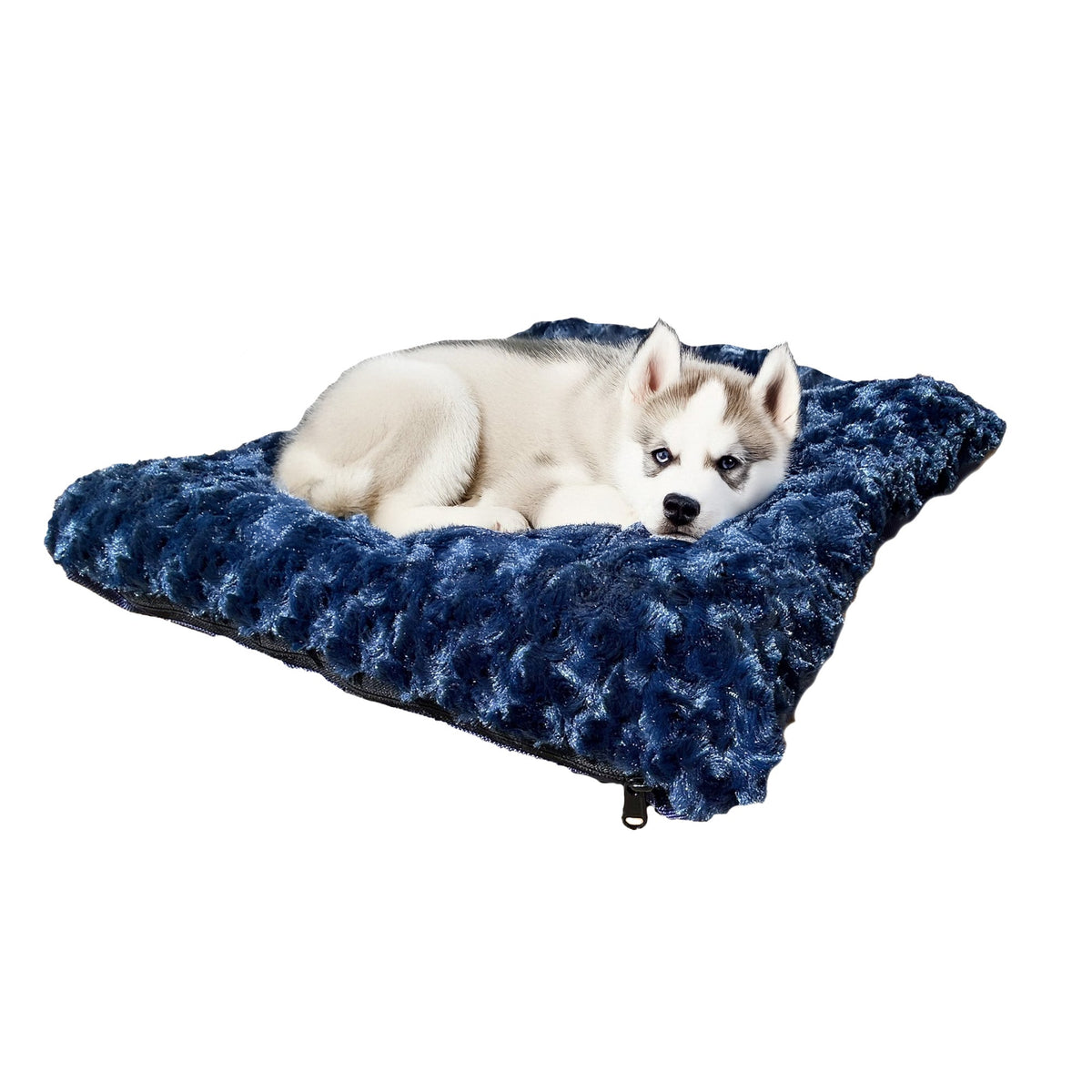 Dog Bed Rectangle Bolstered Furvana Cloud blue plush by American Dog with husky puppy resting on Tampa Home & Garden Store