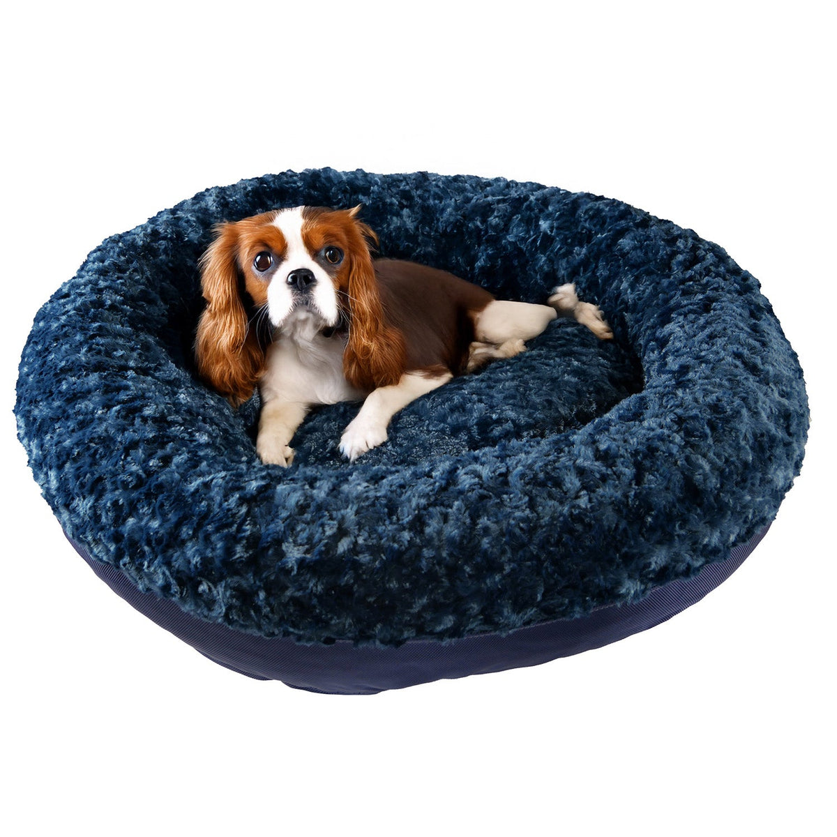 Round bolstered Furvana dog bed in navy plush by American Dog, dog resting inside on Tampa Home & Garden Store