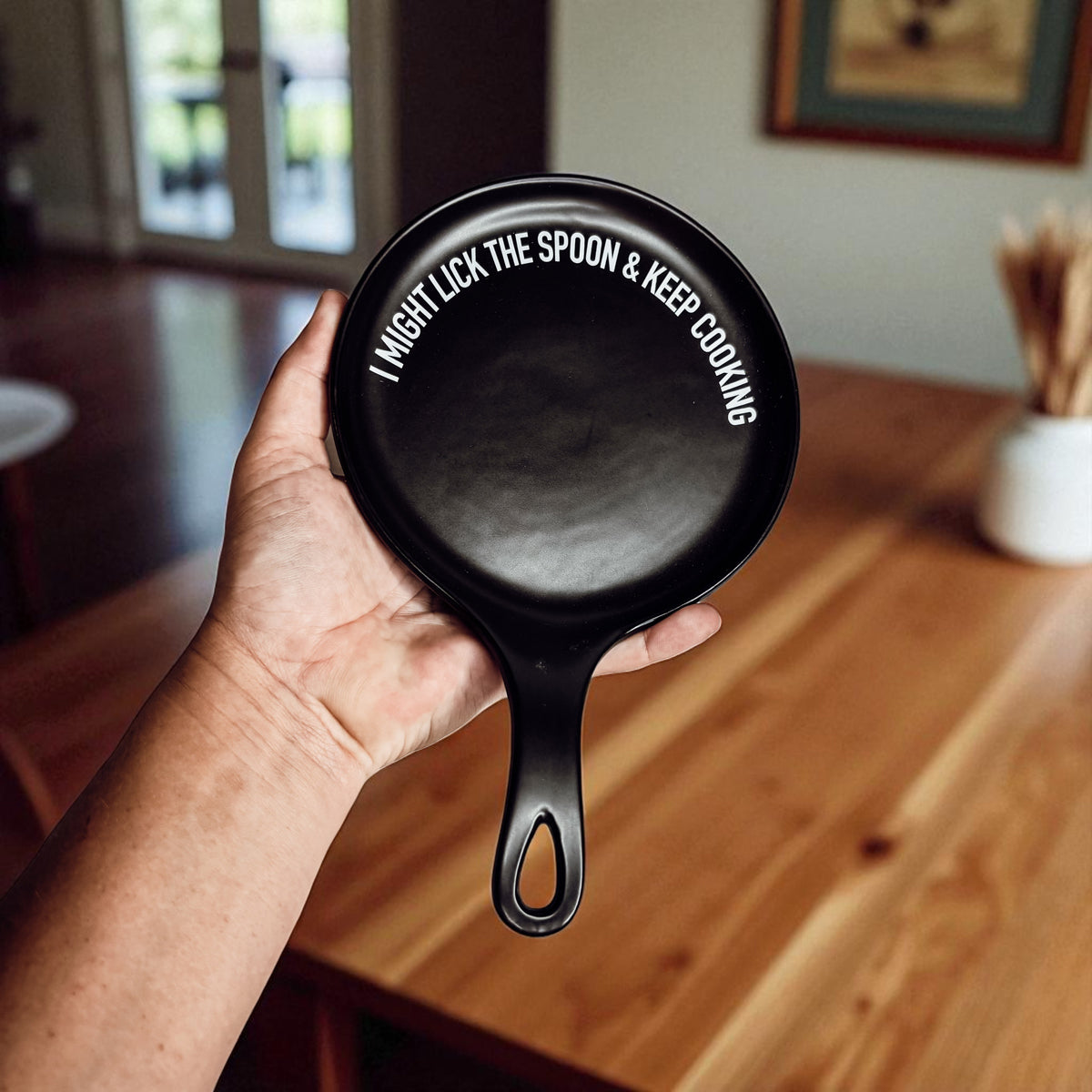 Gia Roma Lick the Spoon & Cook spoon rest, black round pan with handle on Tampa Home & Garden Store