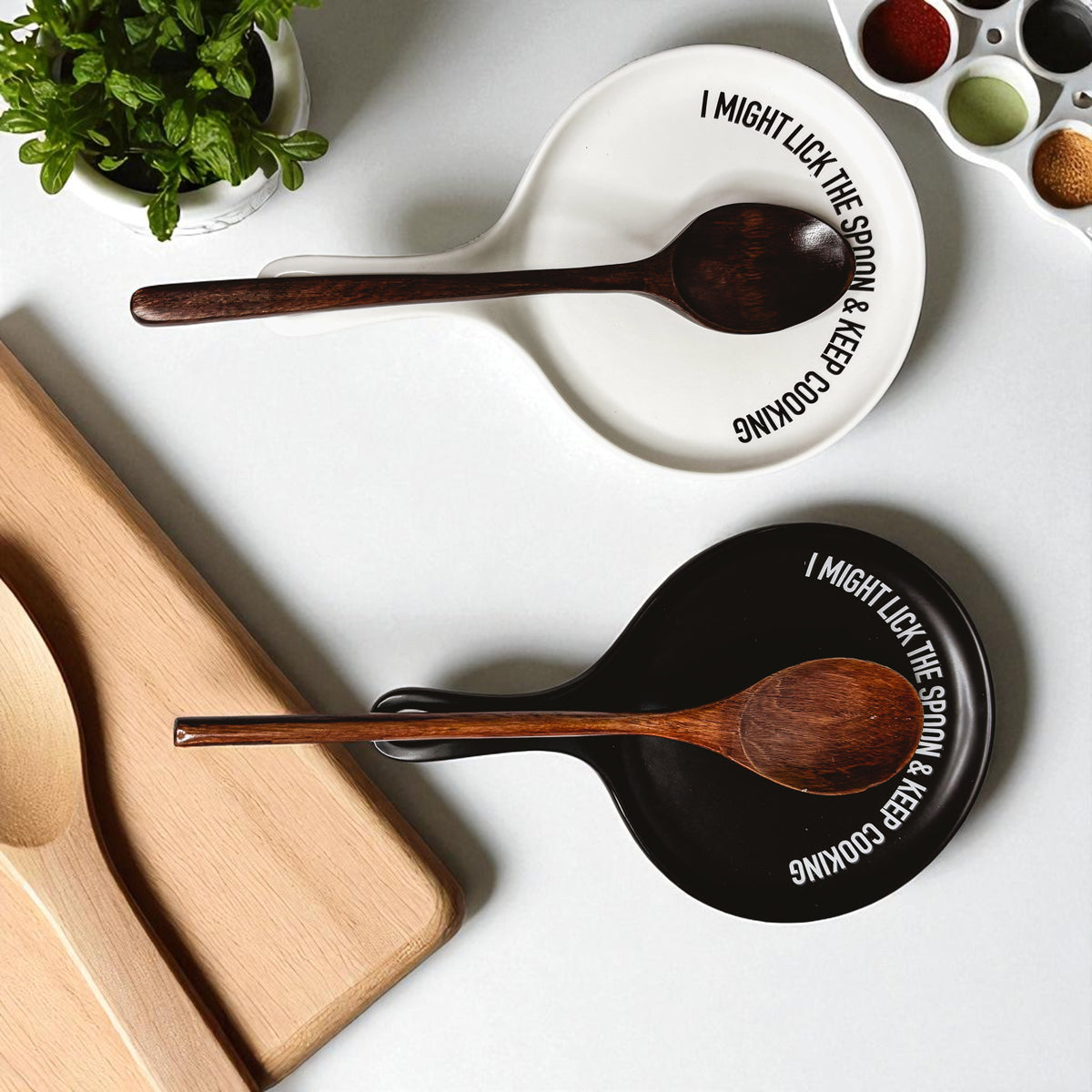 Gia Roma spoon rest set of 2, white and black ceramic with wooden spoons on Tampa Home & Garden Store