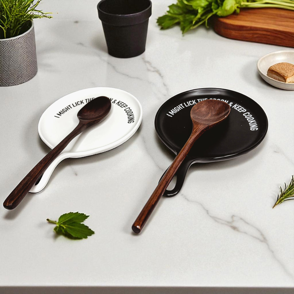 Gia Roma Lick the Spoon & Cook spoon rests 2 white & black plates with wood spoons on Tampa Home & Garden Store