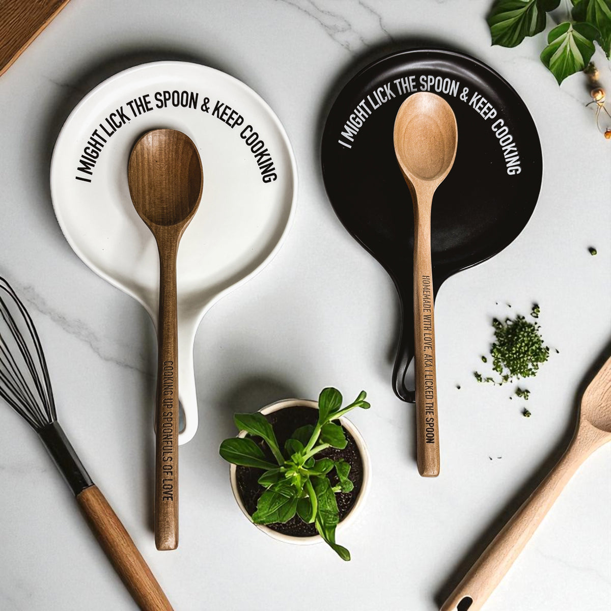 Spoon rests Lick the Spoon & Cook by Gia Roma in white and black ceramic with wooden spoons on Tampa Home & Garden Store