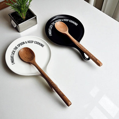 Lick the Spoon & Cook spoon rest set of two by Gia Roma, white ceramic rests with wooden spoons on Tampa Home & Garden Store
