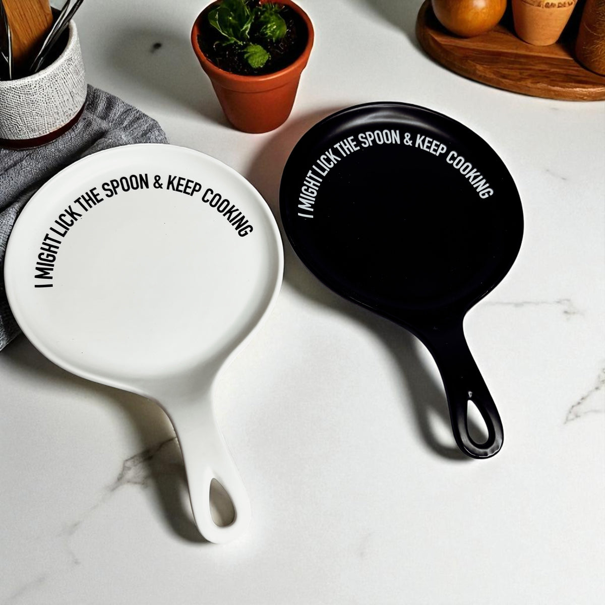 Gia Roma spoon rests white & black paddles with I MIGHT LICK THE SPOON & KEEP COOKING, 2 pcs on Tampa Home & Garden Store